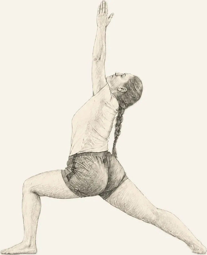 Pencil illustration of a woman practising Warrior I pose, one arm raised overhead